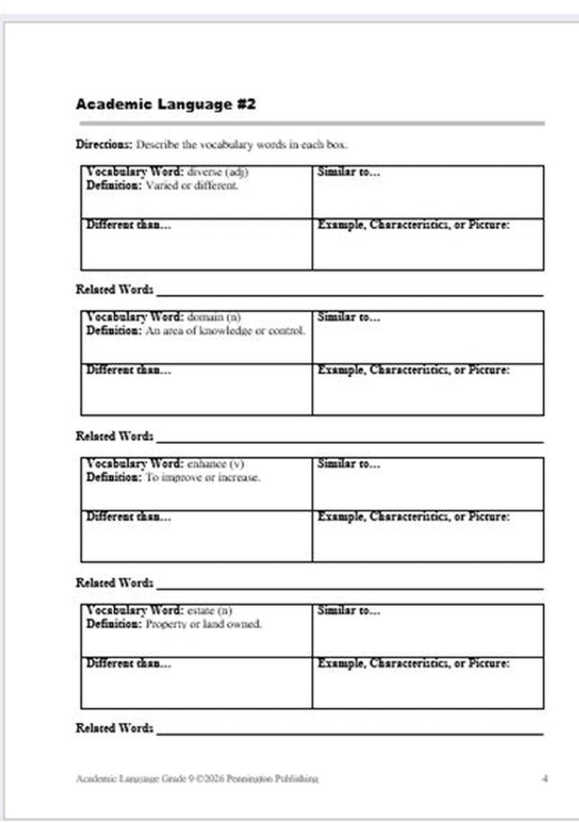 Sample page 1 from Academic Language Words for High School