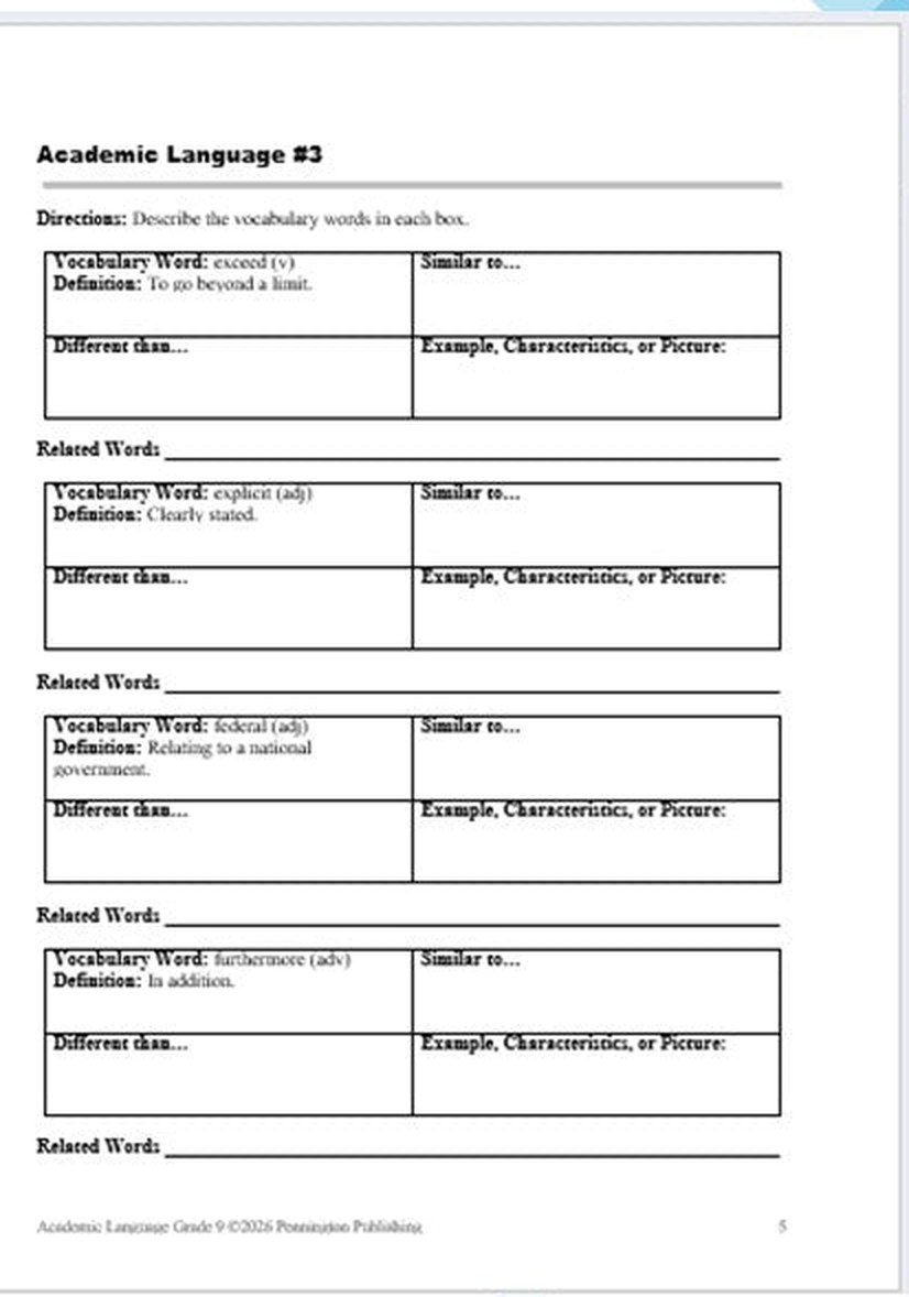 Sample page 2 from Academic Language Words for High School