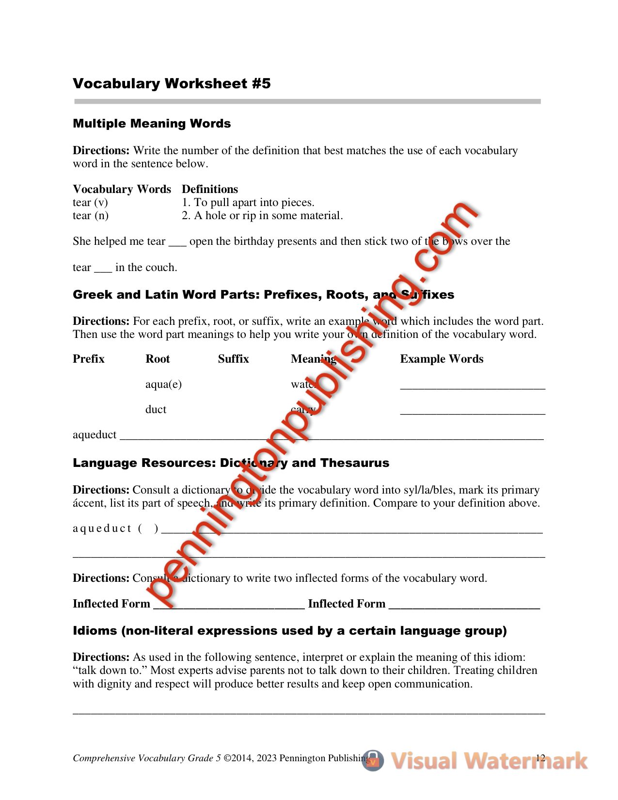 Sample page 1 from Comprehensive Vocabulary Grade 5