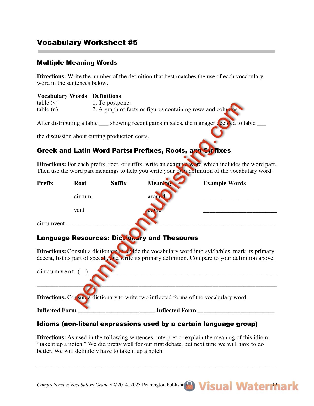 Sample page 1 from Comprehensive Vocabulary Grade 6