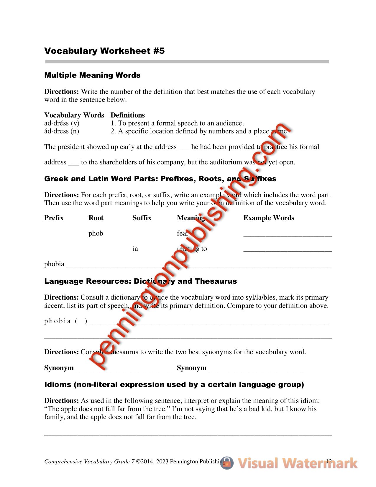 Sample page 1 from Comprehensive Vocabulary Grade 7