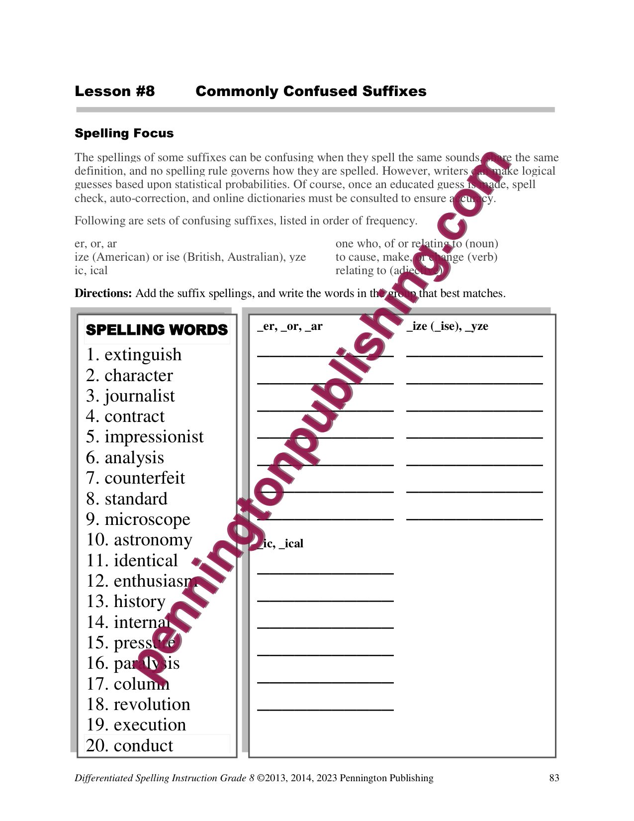 Sample page 3 from Differentiated Spelling Instruction Grade 8 Lessons, Remedial Worksheets, and Tests