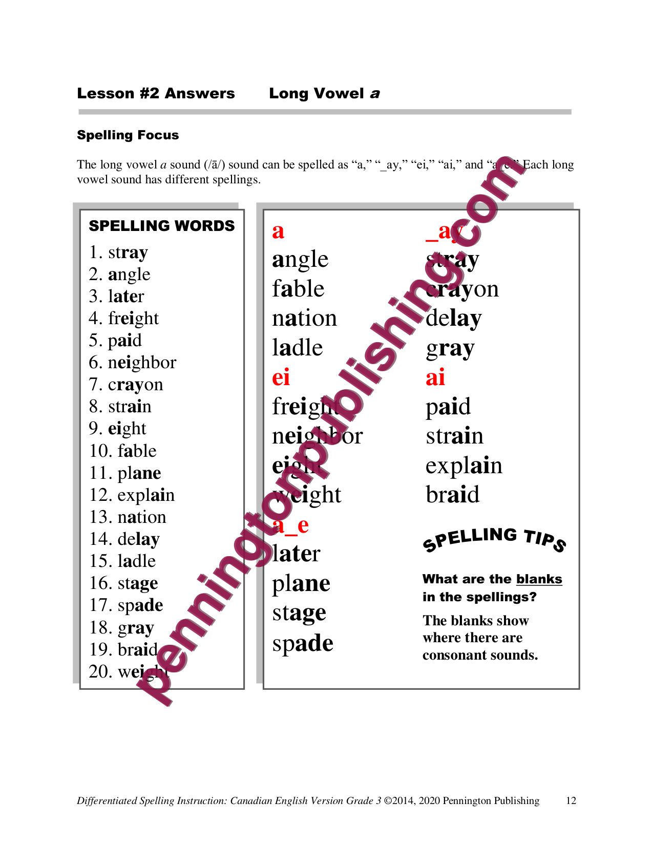 Sample page 1 from Differentiated Spelling Instruction (Canadian English) Grade 3 Lessons, Remedial Worksheets, and Tests