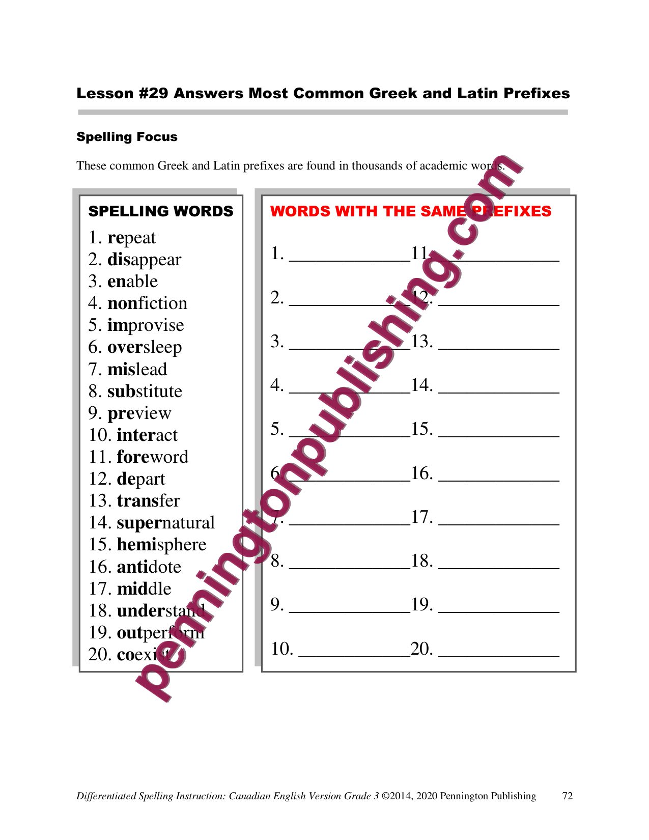 Sample page 3 from Differentiated Spelling Instruction (Canadian English) Grade 3 Lessons, Remedial Worksheets, and Tests