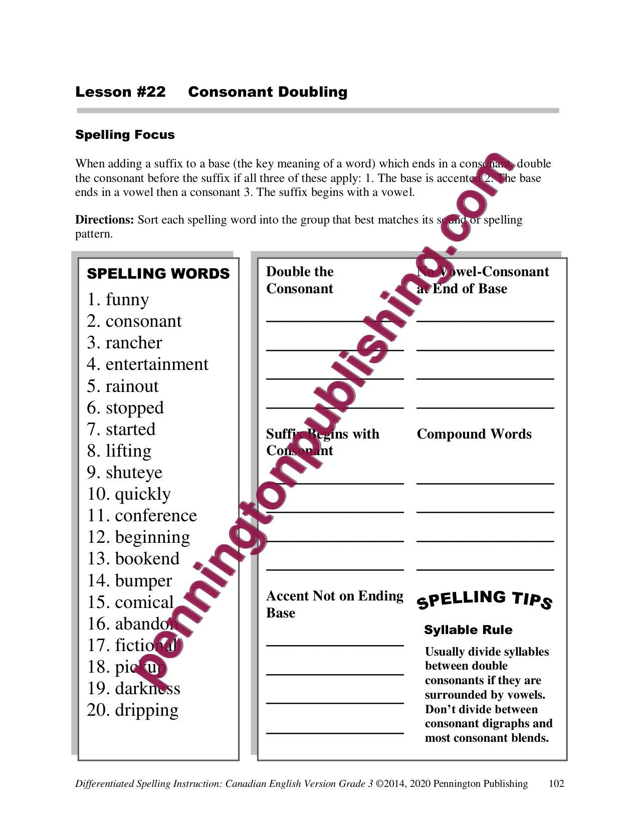 Sample page 4 from Differentiated Spelling Instruction (Canadian English) Grade 3 Lessons, Remedial Worksheets, and Tests