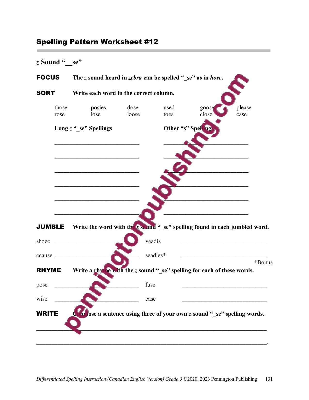 Sample page 5 from Differentiated Spelling Instruction (Canadian English) Grade 3 Lessons, Remedial Worksheets, and Tests