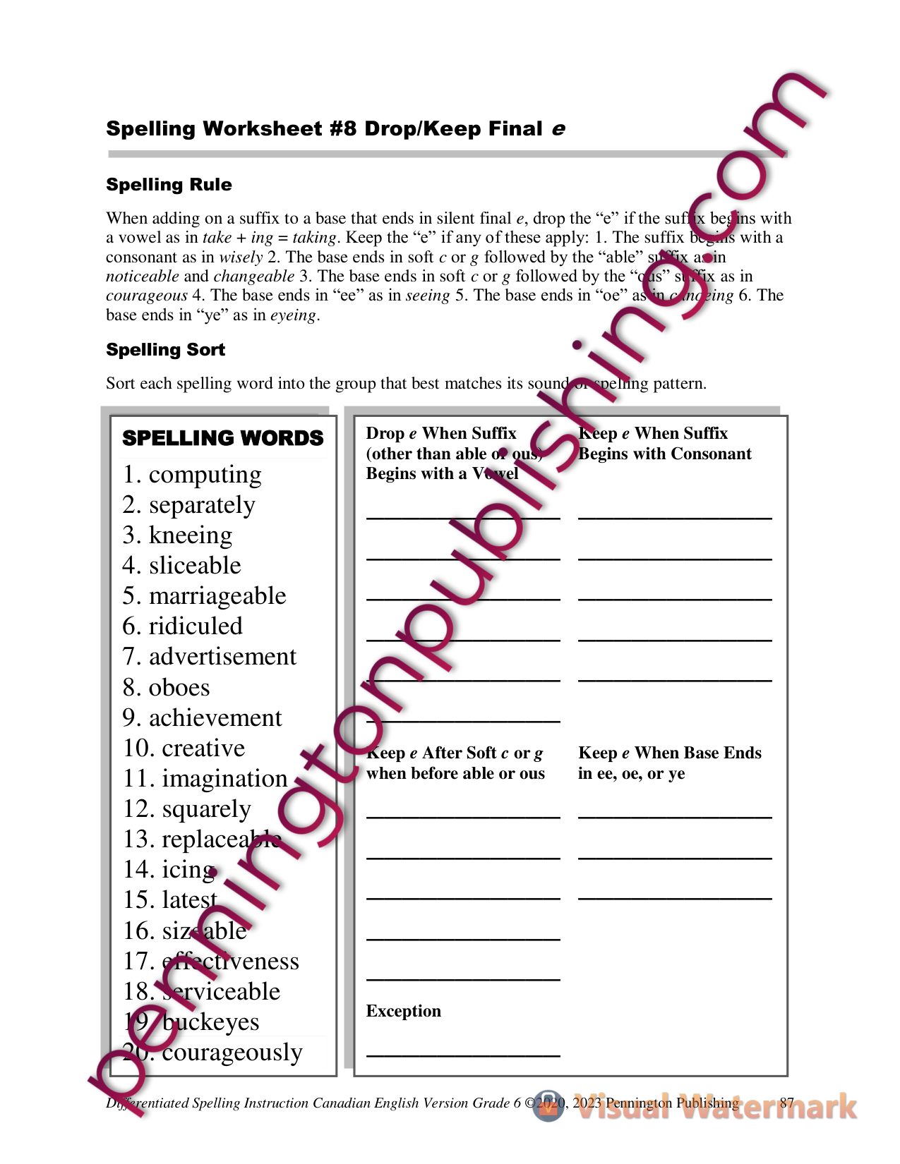 Sample page 3 from Differentiated Spelling Instruction (Canadian English) Grade 6 Lessons, Remedial Worksheets, and Tests