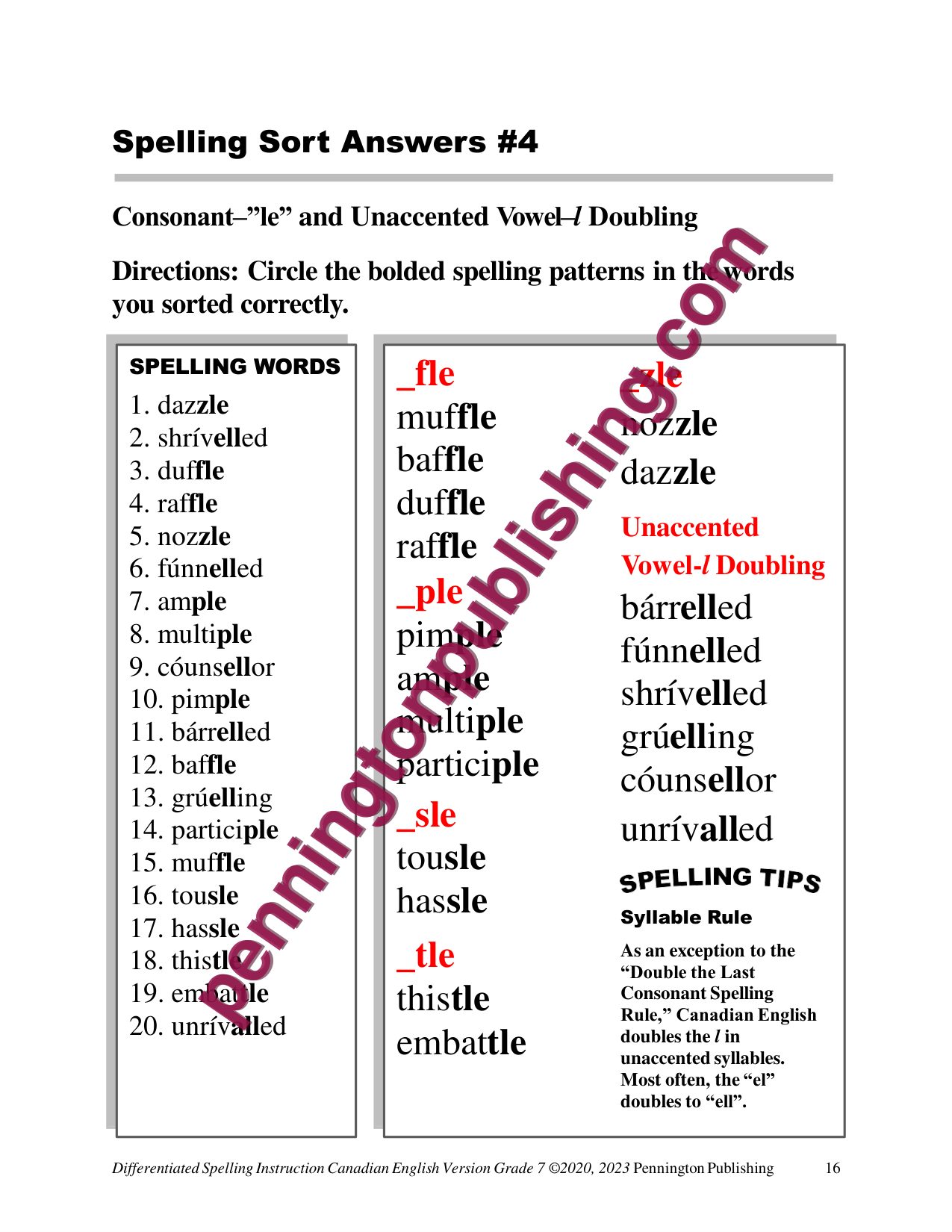 Sample page 1 from Differentiated Spelling Instruction (Canadian English) Grade 7 Lessons, Remedial Worksheets, and Tests