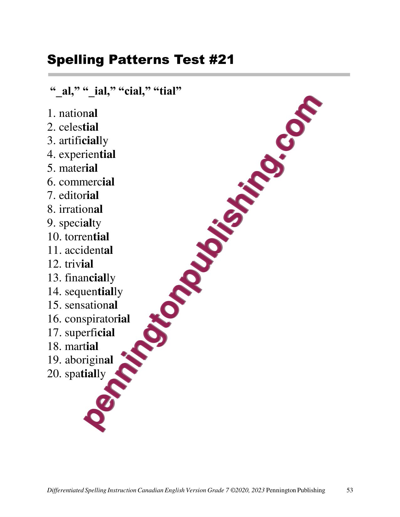 Sample page 2 from Differentiated Spelling Instruction (Canadian English) Grade 7 Lessons, Remedial Worksheets, and Tests