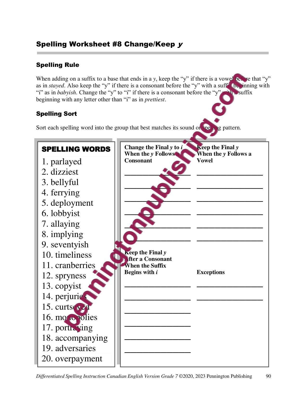 Sample page 3 from Differentiated Spelling Instruction (Canadian English) Grade 7 Lessons, Remedial Worksheets, and Tests