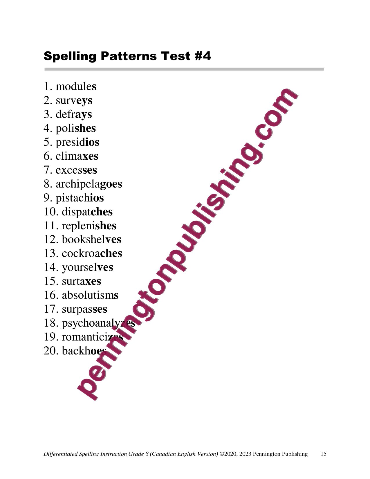 Sample page 1 from Differentiated Spelling Instruction (Canadian English) Grade 8 Lessons, Remedial Worksheets, and Tests