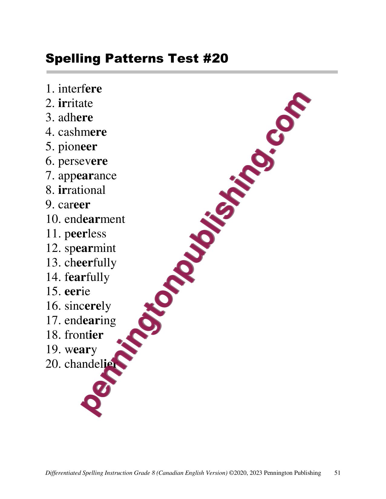 Sample page 2 from Differentiated Spelling Instruction (Canadian English) Grade 8 Lessons, Remedial Worksheets, and Tests