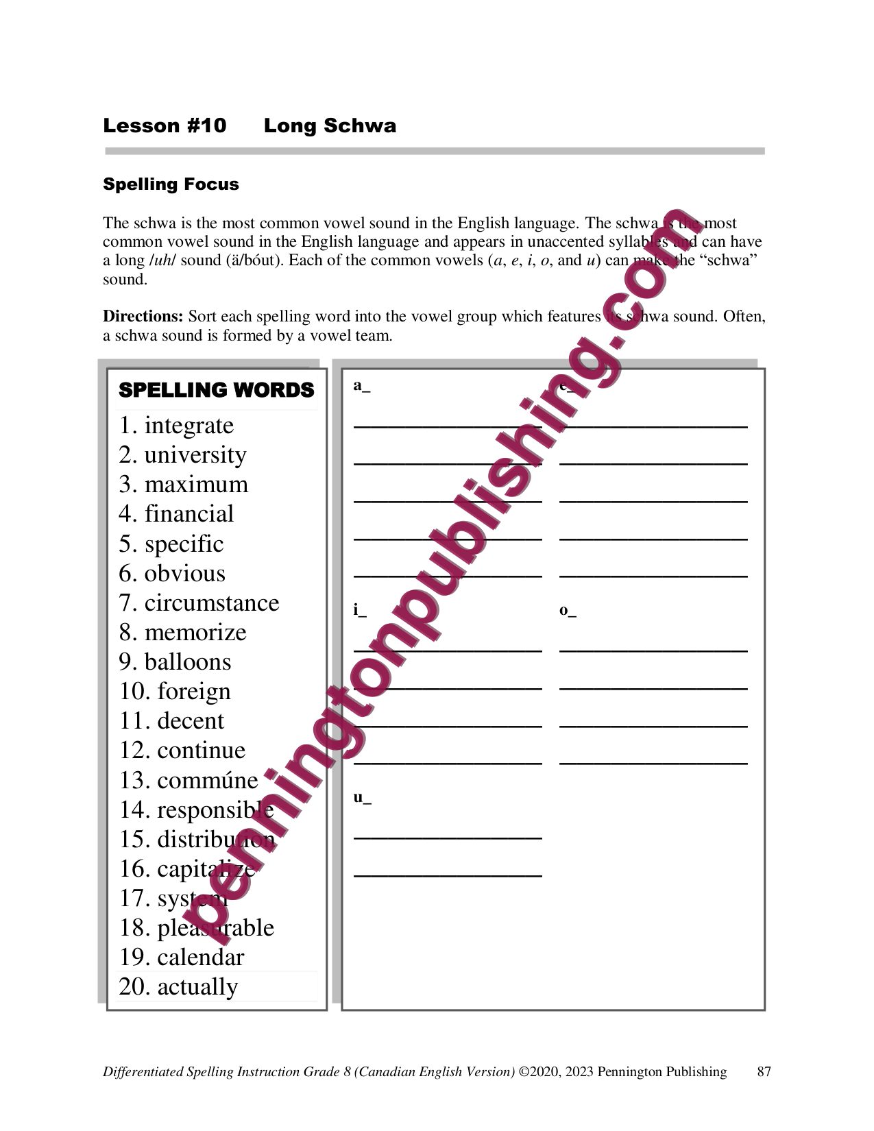 Sample page 3 from Differentiated Spelling Instruction (Canadian English) Grade 8 Lessons, Remedial Worksheets, and Tests