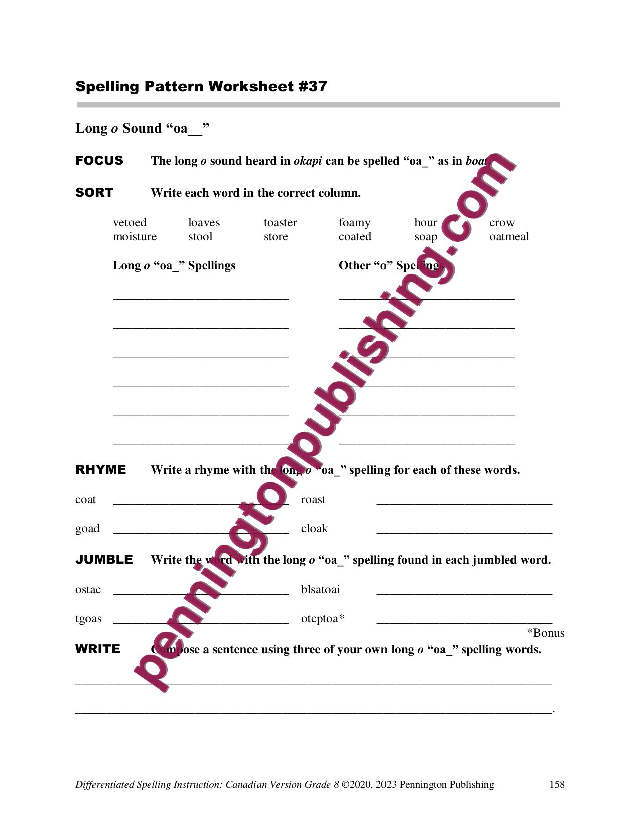 Sample page 5 from Differentiated Spelling Instruction (Canadian English) Grade 8 Lessons, Remedial Worksheets, and Tests