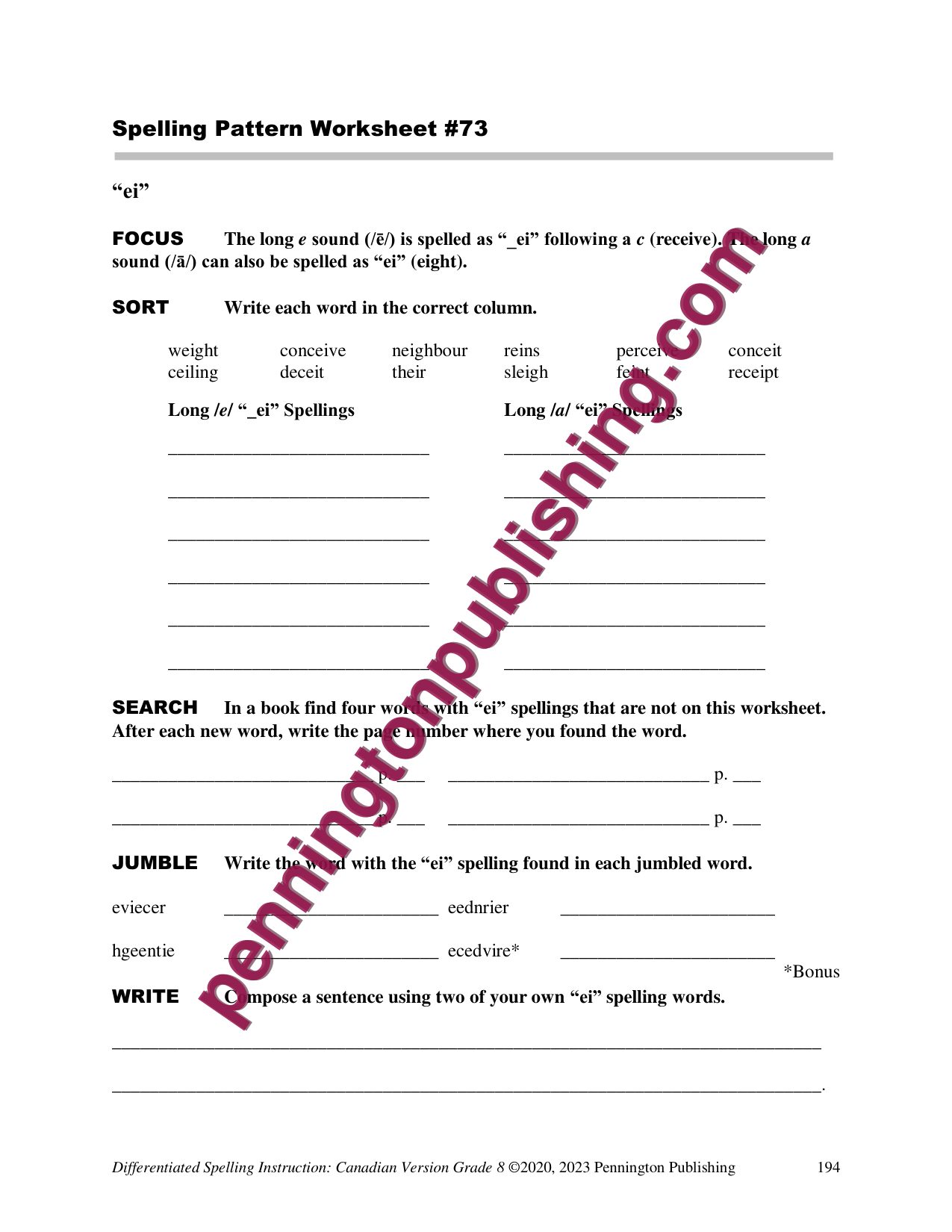 Sample page 6 from Differentiated Spelling Instruction (Canadian English) Grade 8 Lessons, Remedial Worksheets, and Tests