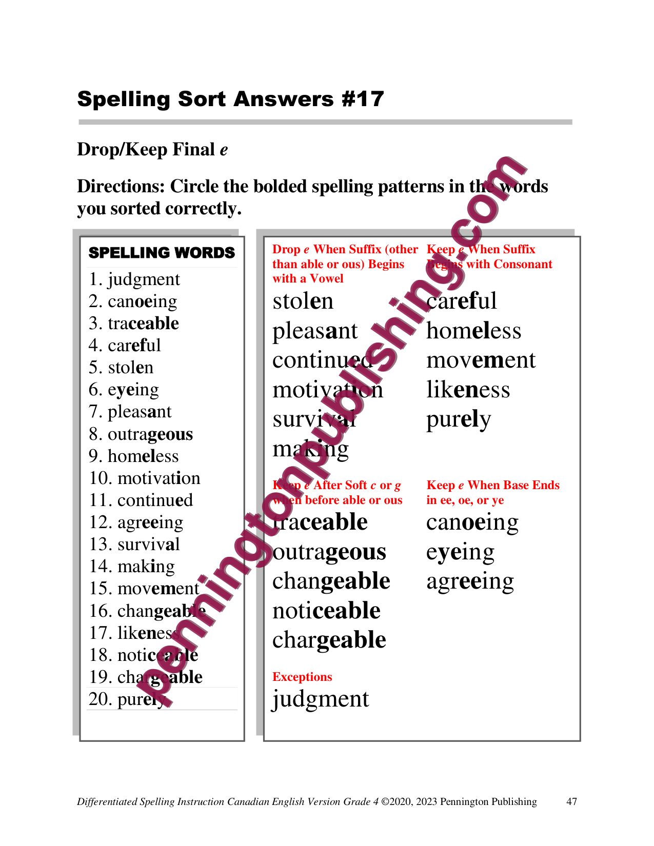 Sample page 2 from Differentiated Spelling Instruction (Canadian English) Grade 4 Lessons, Remedial Worksheets, and Tests