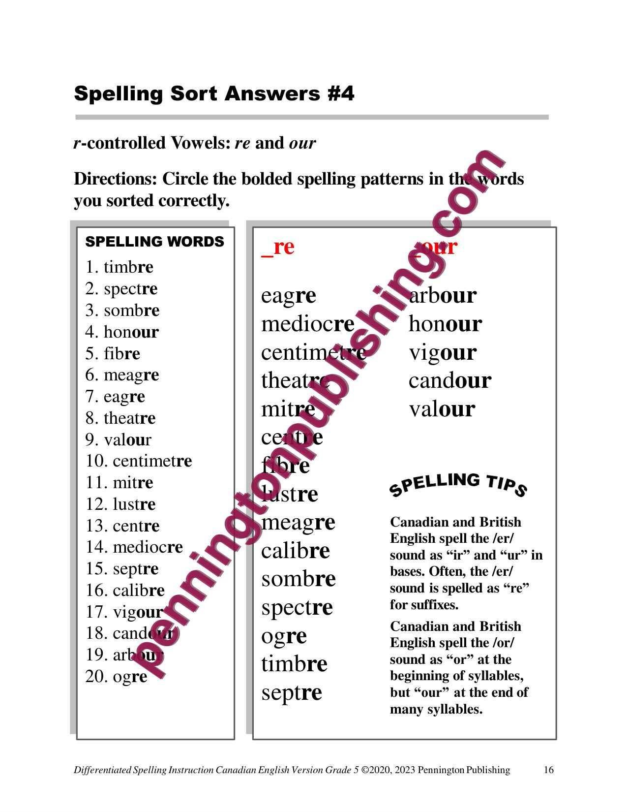 Sample page 1 from Differentiated Spelling Instruction (Canadian English) Grade 5 Lessons, Remedial Worksheets, and Tests