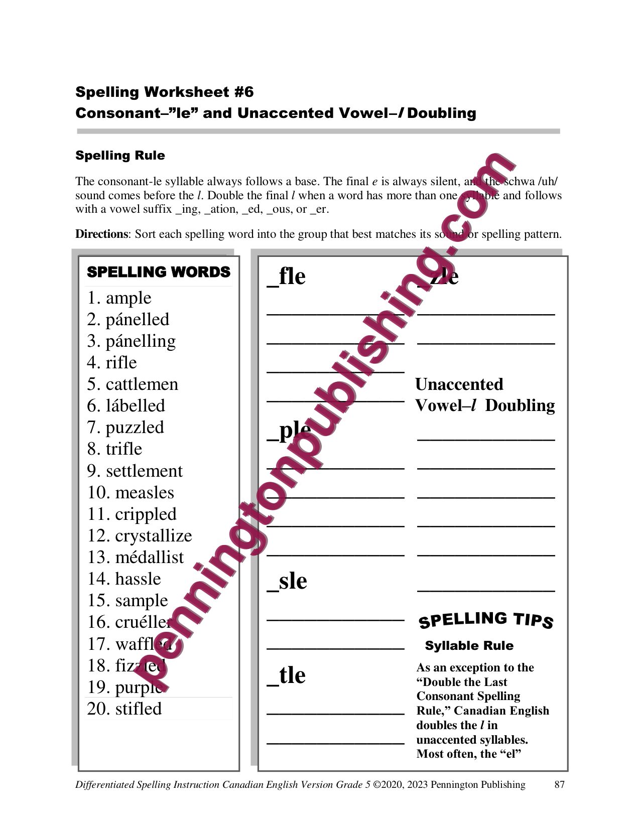 Sample page 3 from Differentiated Spelling Instruction (Canadian English) Grade 5 Lessons, Remedial Worksheets, and Tests