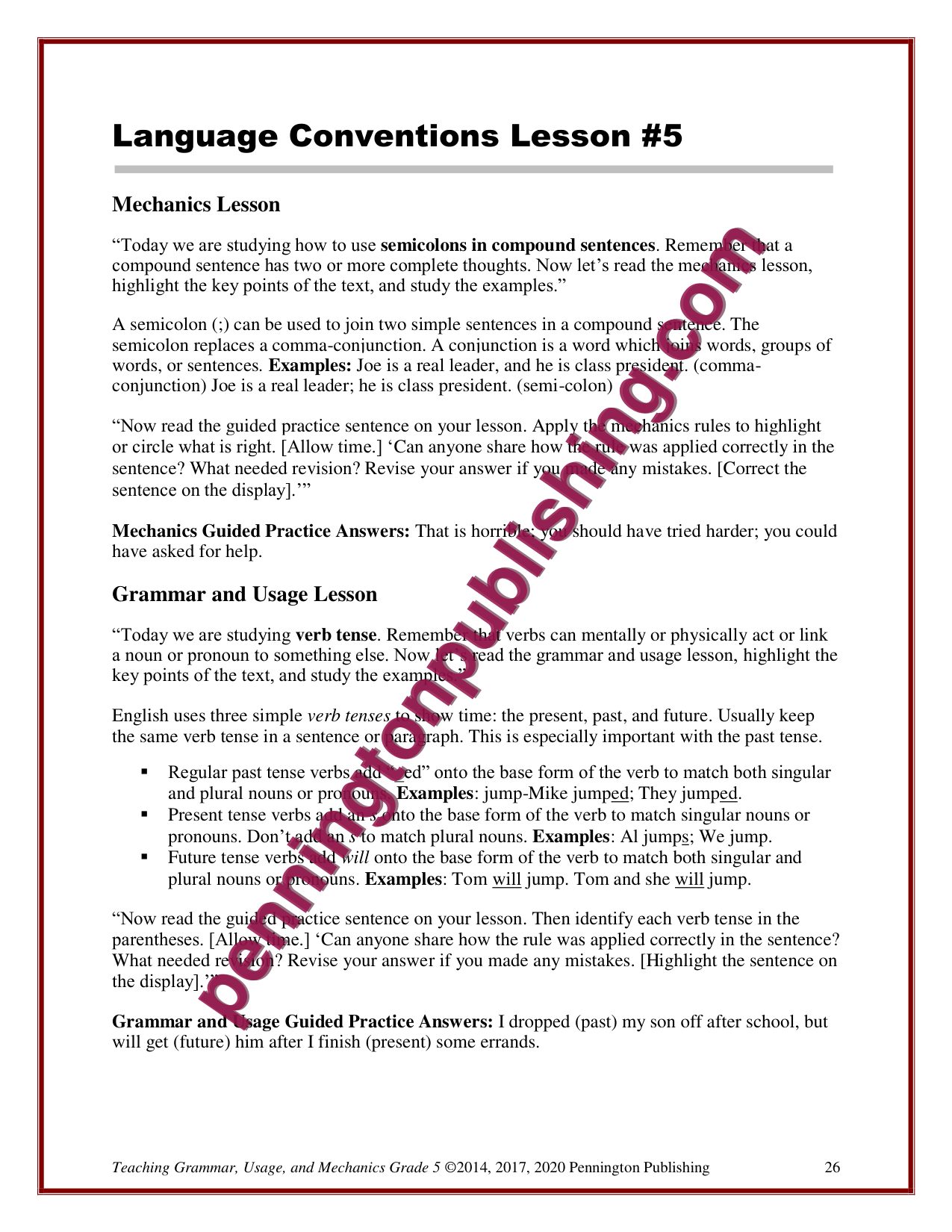 Sample page 1 from Grade 5 Teaching Grammar, Usage, and Mechanics Lessons, Remedial Worksheets, and Tests