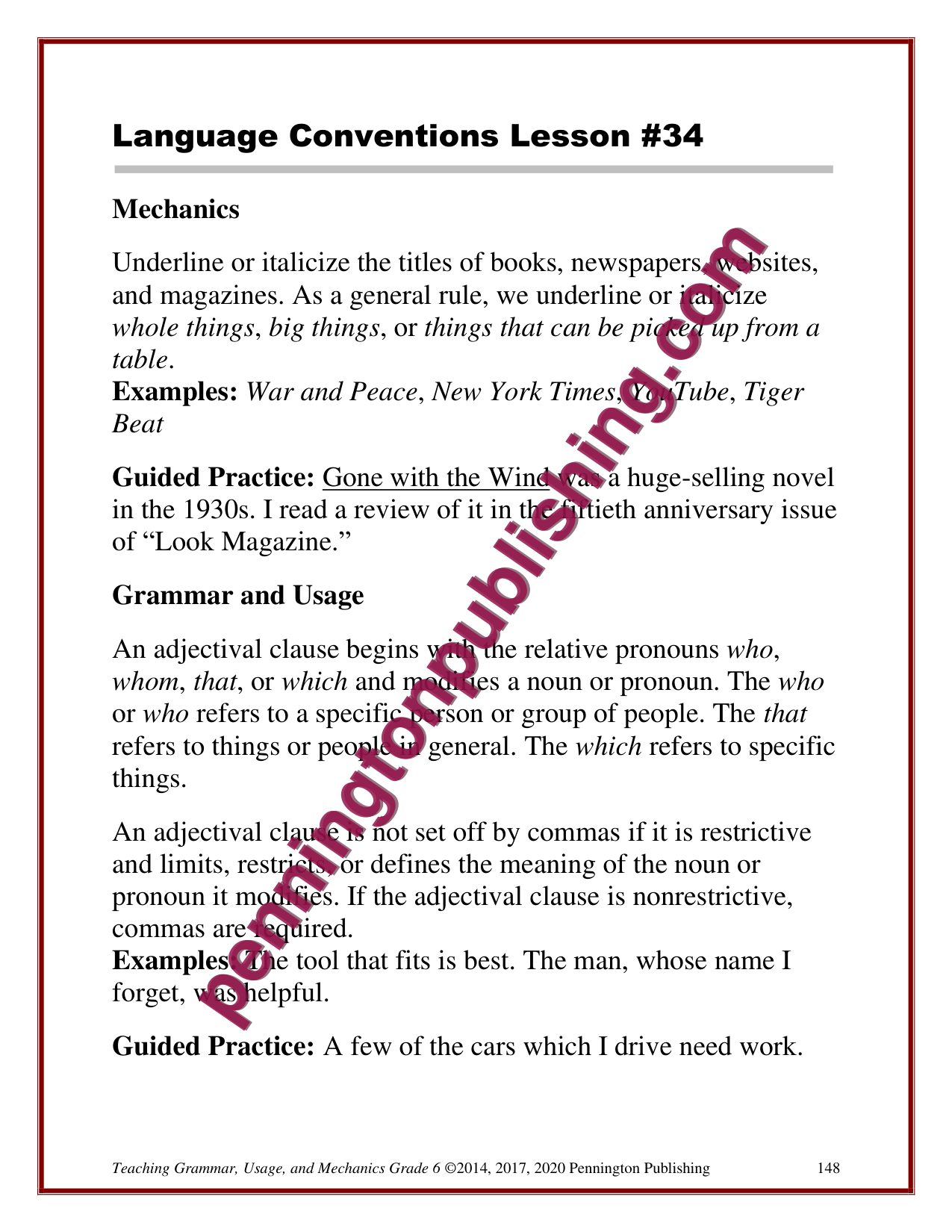 Sample page 3 from Grade 6 Teaching Grammar, Usage, and Mechanics Lessons, Remedial Worksheets, and Tests