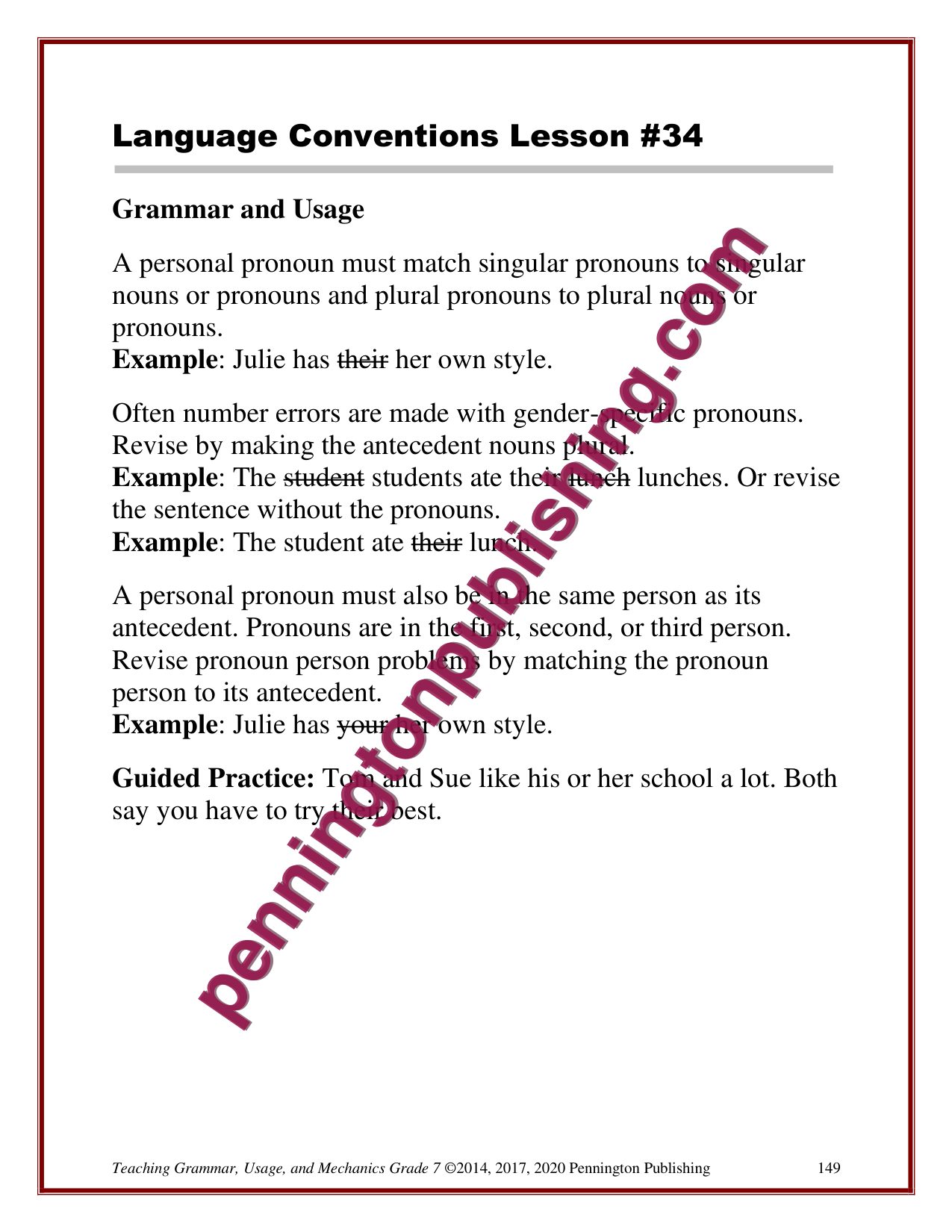 Sample page 3 from Grade 7 Teaching Grammar, Usage, and Mechanics Lessons, Remedial Worksheets, and Tests