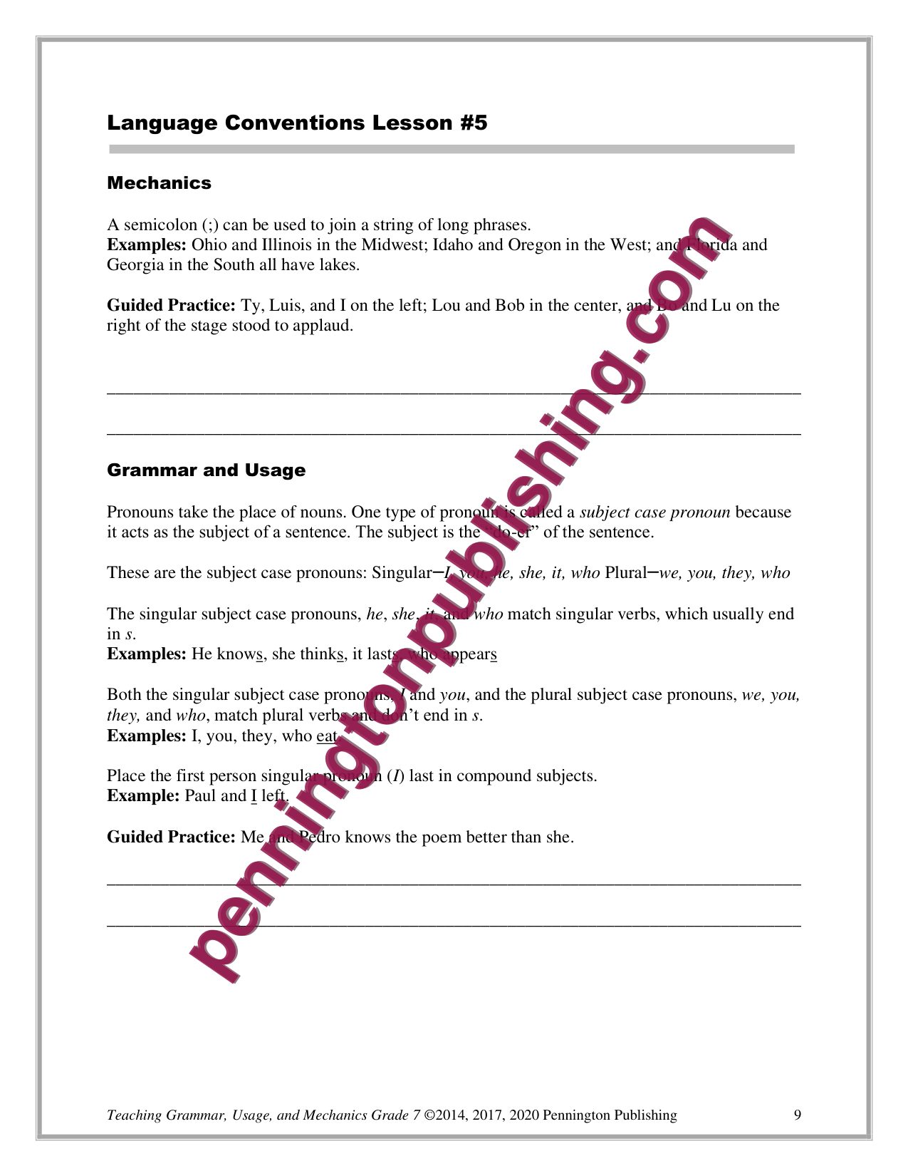 Sample page 5 from Grade 7 Teaching Grammar, Usage, and Mechanics Lessons, Remedial Worksheets, and Tests