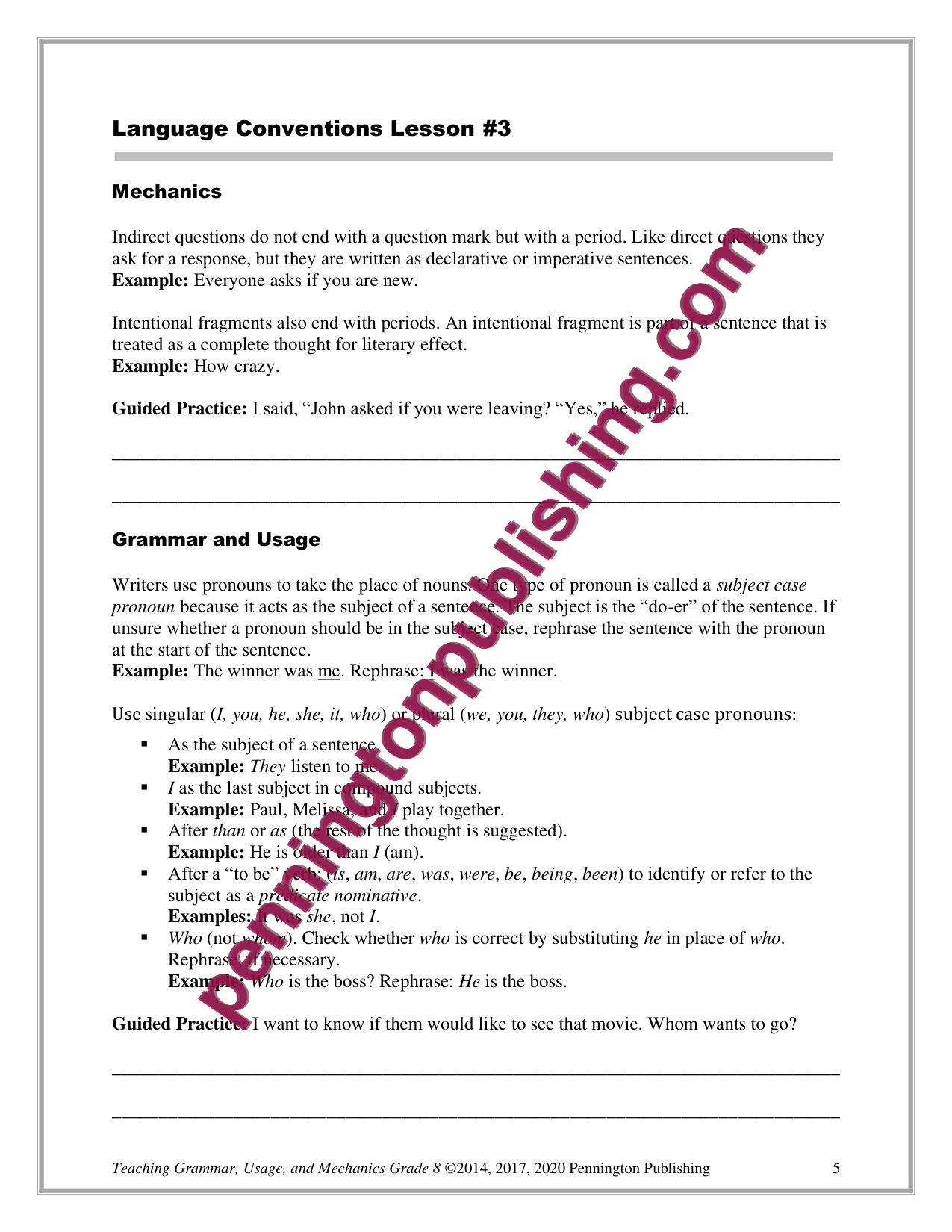 Sample page 5 from Grade 8 Teaching Grammar, Usage, and Mechanics Lessons, Remedial Worksheets, and Tests